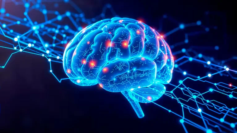 Cerebro iluminado en azul, conectado a una red de datos